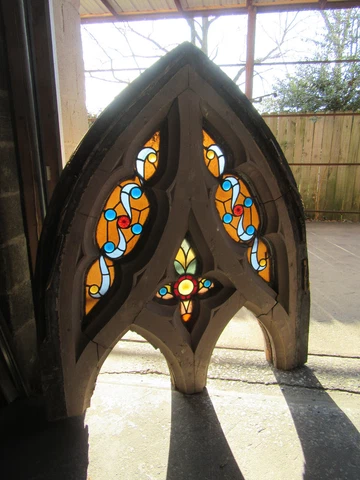 ~ ANTIQUE STAINED GLASS WINDOWS IN LARGE GOTHIC FRAME ~ 51 X 61 ~ SALVAGE Cover