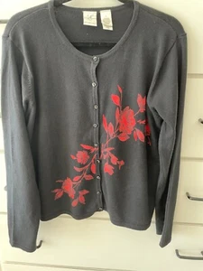 Emma James Strickjacke Pullover schwarz mit roten Blumen L - Bild 1 von 3