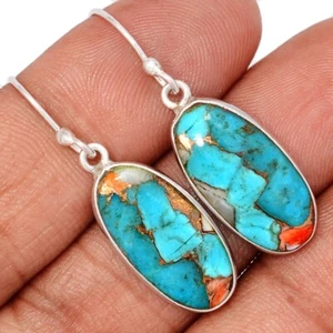 Composite Spiny Oyster & Arizona Turquoise 925 Silver Earrings Jewelry CE50602 - Picture 1 of 1