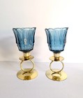 2 Vintage HOMCO STARLIGHT BLUE Tulip PEG Votive Cup Candle Holders Gold Bases
