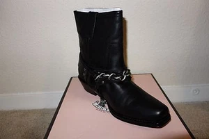 NIB JUICY COUTURE BLACK LEATHER COWBOY WESTERN ANKLE BOOTS ROPE CHAIN LINK 6M - Picture 1 of 6