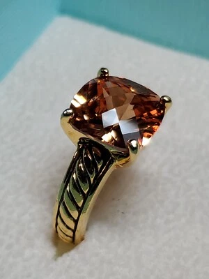 Lia Sophia Signed Gold Tone Large Faux Citrine Ring Rope Band Cushion Cut Sz 6.5 - Image 1 of 4