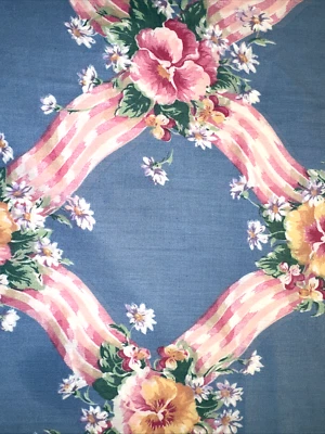 Joan Kessler Concord Pansy Floral Pink Ribbons Polished Cotton Fabric BTY #5 - Image 1 of 4
