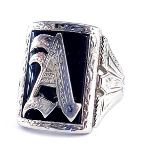 10K White Gold Mens Letter A Ring Size 8.5 Family Crest Signet Coat Arms Masonic - Picture 1 of 13