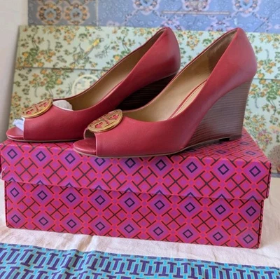 Tory Burch Redstone Benton Peep Toe Wedge Shoes With Signature Medallion Size 8  - Image 1 of 4