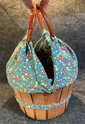 Vintage 60s 70s Wood Basket Purse Blue Floral Fabric Lined Plastic Handles Boho - Image 1 of 4
