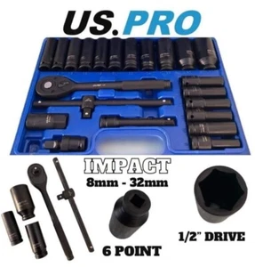 Juego de enchufes de accionamiento US PRO IMPACT 1/2" 8 mm - 32 mm barra de extensión de trinquete conjunto de juntas en U - Imagen 1 de 7