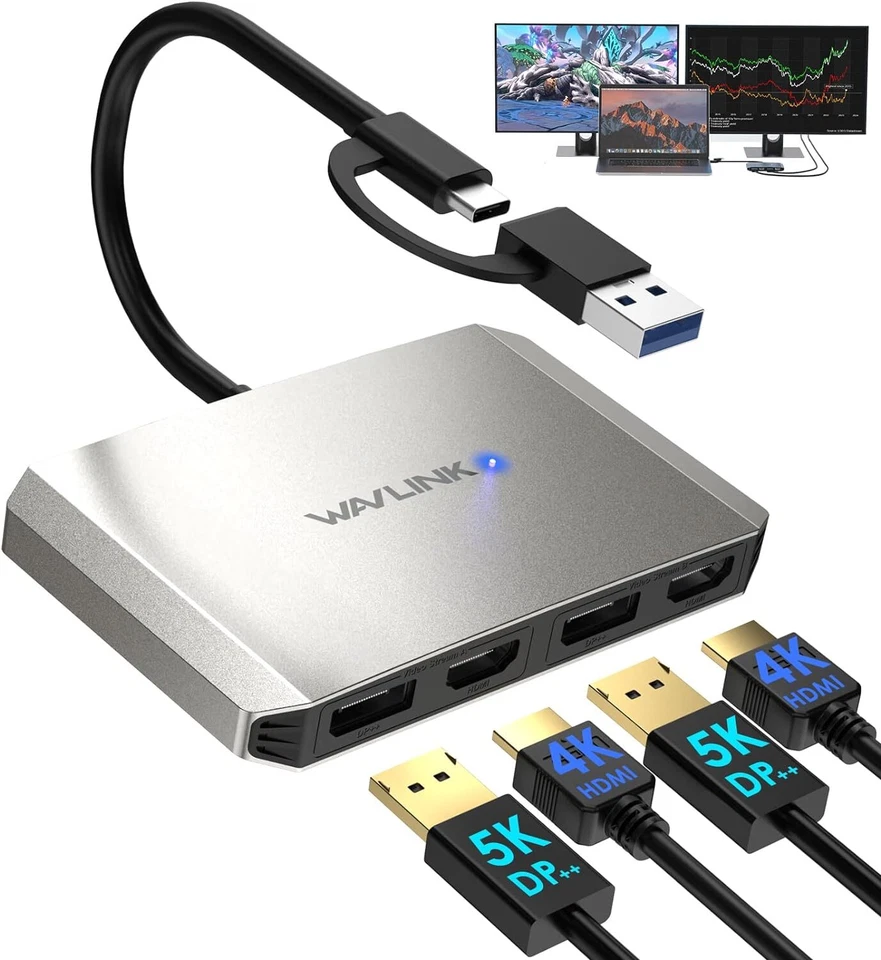 WAVLINK USB 3.0/USB C to DisplayPort HDMI Adapter Dual Monitor Hub for Mac HP - image 1 of 4