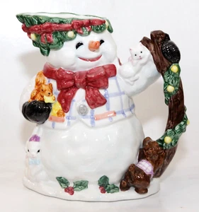 Snowman Large Pitcher 8" Tall Ceramic 58 Ounces Vintage 1994 Holiday Cat Dog - Picture 1 of 6