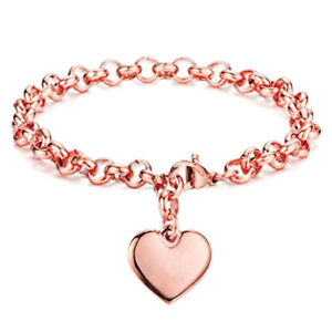 Fashion Women Stainless Steel Bracelet Bangle Wristband Heart Pendant Cuff Chain