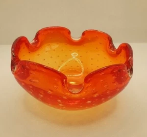 Murano style bright orange bubble art glass bowl ashtray Diameter 12cm - Picture 1 of 6