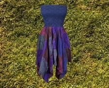Womens Hi Low Skirt Dress, Blue Cotton Patchwork Summer Dress S/M