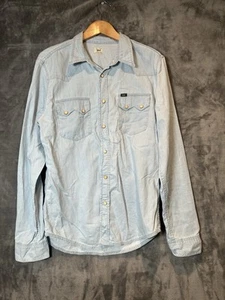 Lee Saw Tooth Pearl Snap Denim Shirt Mens Large Blue Cotton Long Sleeve - Picture 1 of 9