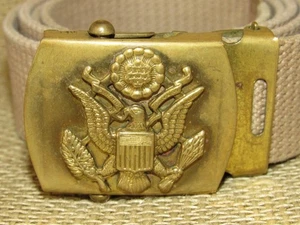 Vtg U.S. ARMY Eagle Solid Brass Buckle & Web Belt ~ Made USA ~ Size 38 Untouched - Picture 1 of 7