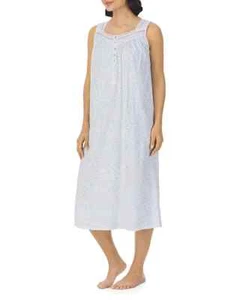 Neu mit Etikett $ 64 Eileen West ärmelloses langes Midi-Nachthemd weiß/aqua 100 % BAUMWOLLE STRICK S - Bild 1 von 8