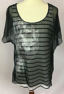 One World Black White Striped Tank Shirt W/ Floral Chiffon Sheer Layer Size L  - Picture 1 of 7