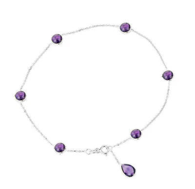 14K White Gold Anklet Bracelet With Amethysts And A Pear Shape Drop 9.5 Inches Foto 1 de 2