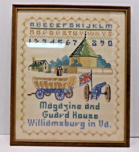 Vintage Framed Cross Stitch SAMPLER Williamsburg VA Magazine & Guard House 17x14 - Picture 1 of 3