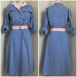 VTG 80s Miss Oops California Chambray Dress Denim Pink White Coastal Prep Sz M - Picture 1 of 7