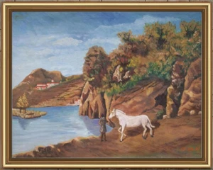 ARTE NAIF SCENA MEDIOEVALE CAVALLO CAVALIERE LAGO oliotavola ENRICO COPETTA COEN - Picture 1 of 2