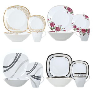 16PC Square Dinner Set Porcelain Dining Soup Plate Bowl Mug Dinnerware Printed