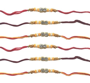 6 Rakhi Thread Raksha Bandhan Double Stone Beaded Dora Bracelet Hindu Festival - Picture 1 of 2
