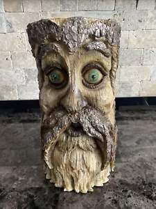 Log Plant Table Spirit Carving Forest Face Tree Wizard Gnome Resin Sculpture Art - Picture 1 of 13