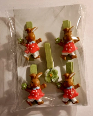 4 Hasen + 1 Kleeblatt Klammern Mini - Dekoration - 5 Teile - Klammern Set - neu - Bild 1 von 2