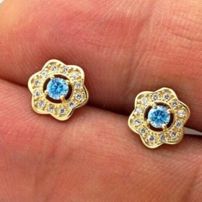Aquamarine Flower Cluster Stud Earrings 14K Yellow Gold - Image 1 of 4