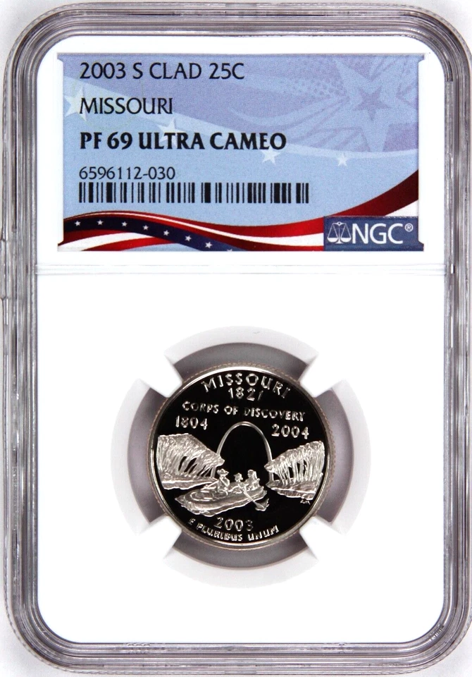 2003-S Proof State Quarter, Missouri,  PF69 Ultra Cameo NGC, Patriotic Label - Image 1 of 4