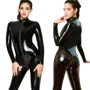 Women Wetlook 2-Way Zipper Latex Nightclub Catsuit Bodysuit PVC Leather Jumpsuit - Picture 1 of 16