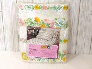 Sears Twin Size Fitted Sheet Garden Stripe Floral Pattern NIP Perma-Prest - Picture 1 of 6