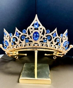 Gold Tiara and Crown for Women, Crystal Queen Crown, Ocean Blue Princess Tiara - Picture 1 of 5