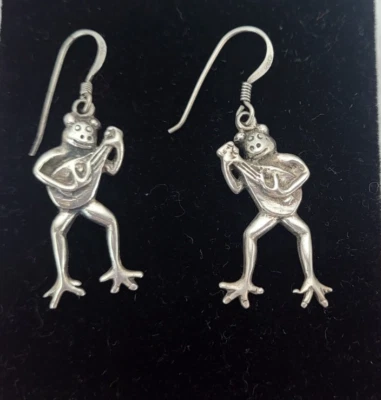 Sterling Silver  Earrings FROG Dangle Playing Banjo  1  1/2 " - Image 1 of 4