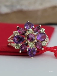 ❤️ 10k Size 8.75 Gorgeous Solid Yellow Gold Amethyst, Tourmaline, and Peridot... - Picture 1 of 12
