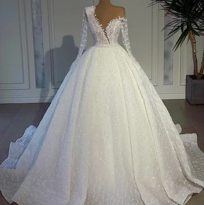 Vintage Long Sleeves Ball Gown Wedding Dresses Sheer Neck Lace Appliques Beads - Image 1 of 4