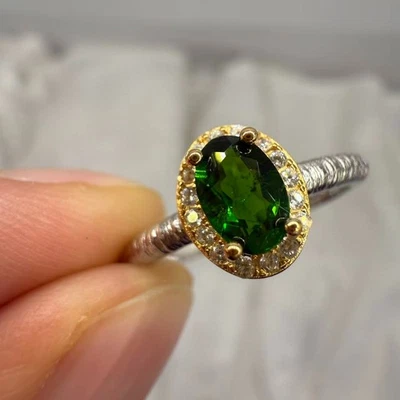 925 Sterling Silver Ring Oval 6x4mm Natural Emerald Gemstone Zircon Women Gift - Image 1 of 4