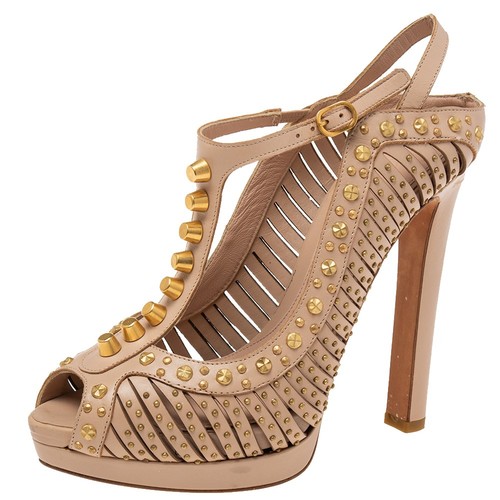 Sandali Alexander McQueen beige pelle borchiata cinturino a T plateau