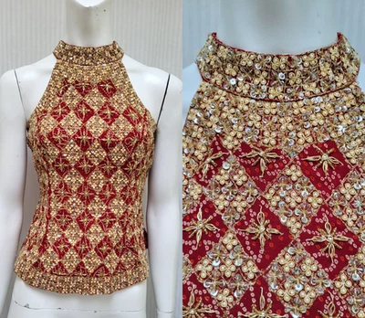 Gorgeous Vintage Red & Gold Sequin Beaded Indian Halter Top - Size XS/S - EUC - Image 1 of 4