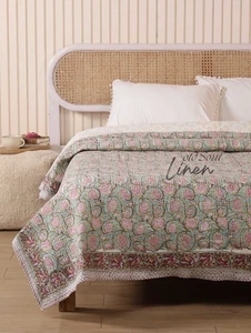 Hand Block Printed Quilt Reversible Floral Cotton Kantha Blanket Queen King Twin - Picture 1 of 9