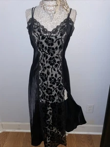 STUNNING Frederick's Of Hollywood L Black Satin Long Gown Sparkly Lace Burnout - Picture 1 of 16