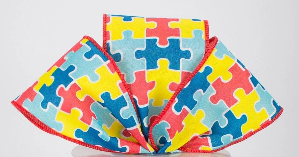 Autism awareness Wired Ribbon 2.5" wired ribbon puzzle wired ribbon 5 Yd - Image 1 of 1