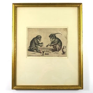 Quirin Boel Two Monkeys Playing Cards Etching 17th Century - Picture 1 of 7
