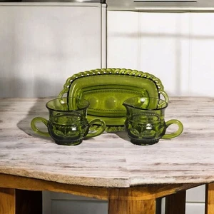 Vtg INDIANA GLASS Avocado Green Kings Crown Thumbprint Sugar Creamer Underplate - Picture 1 of 9