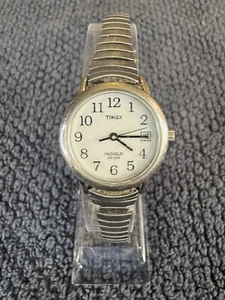 Timex Watch Women Indiglo 31mm Silver Tone Stretch Band Date White Dial New Batt - Picture 1 of 5