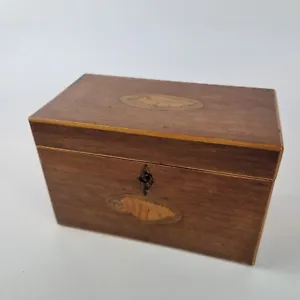 Antique 19th Century Walnut Tea Caddy With Inlaid Shell Decoration 19.5cm Wide - Picture 1 of 14