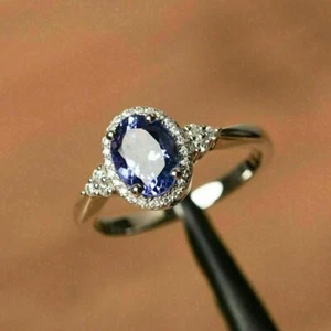 3 Ct Oval Cut Blue Sapphire Engagement Ring 14k White Gold Finish Women Size J-T - Picture 1 of 6