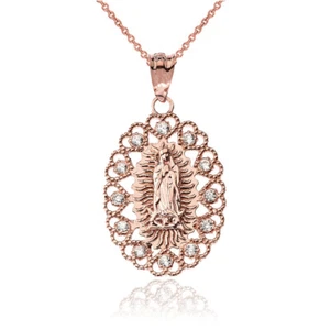 Gold Virgin Mary Lady Of Guadalupe Filigree CZ Pendant Necklace - Picture 1 of 38