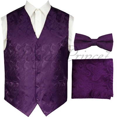 Dark Purple Men Paisley Tuxedo Suit Dress Vest Waistcoat & Bow tie & And Hankie - Image 1 of 4