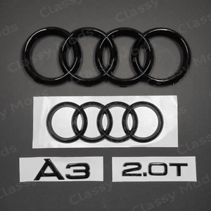 Audi A3 2012-2020 Front & Rear Rings Emblem Badge SET Gloss Black 2.0T TDI TFSI - Foto 1 di 9